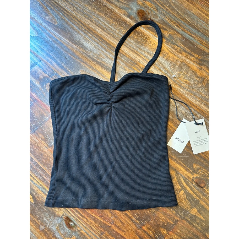 AGOLDE Lola Tank Black One Shoulder Ribbed Organic Cotton Halter Top Small